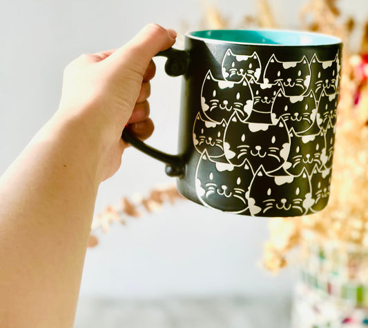 Cats Handmade Ceramic Coffee Mug, Personalized Kitty Pottery Mug for Gifts