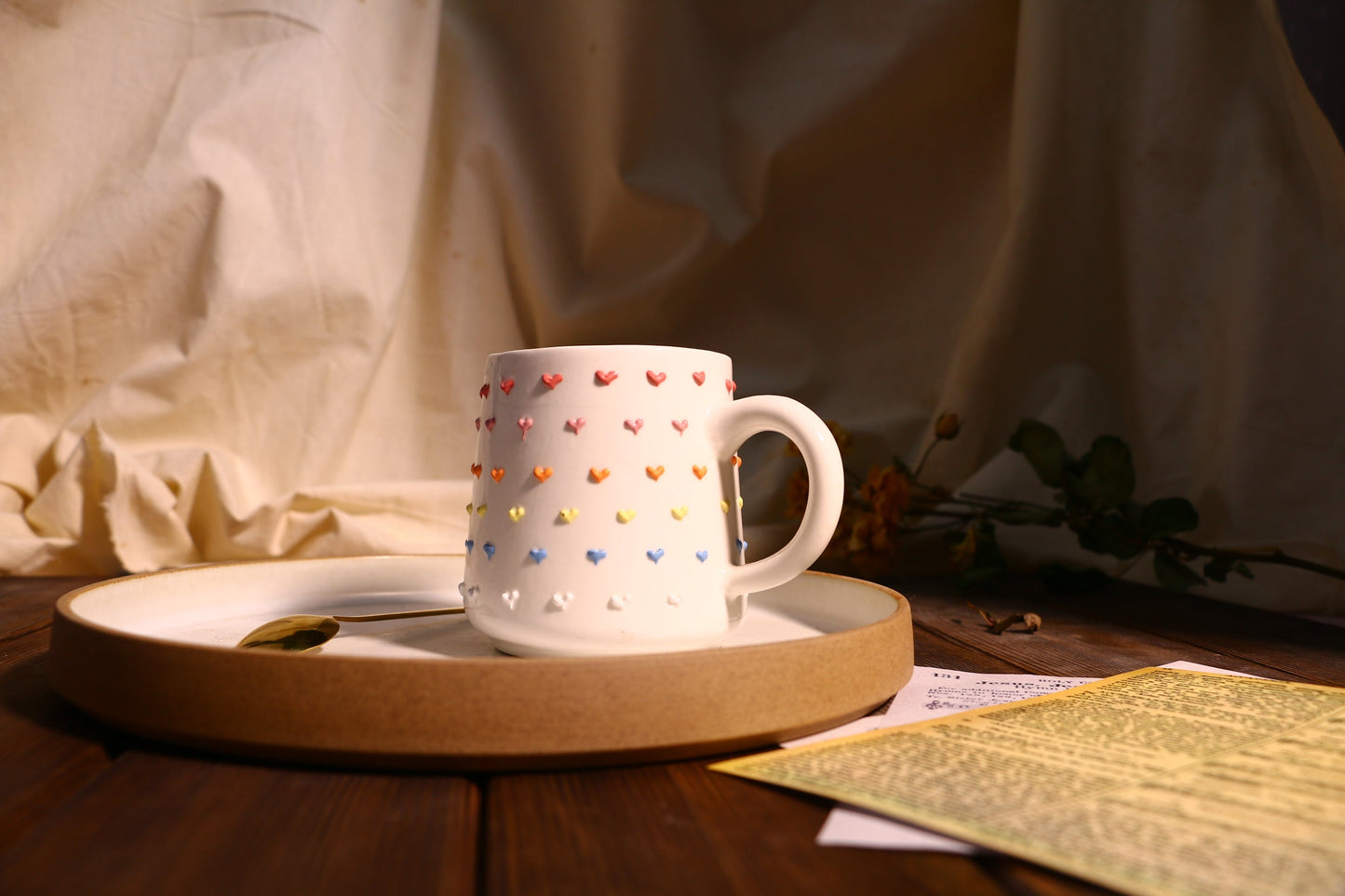 Rainbow Heart Ceramic Coffee Mug, Personalized Handmade Pottery Cup for Gifts