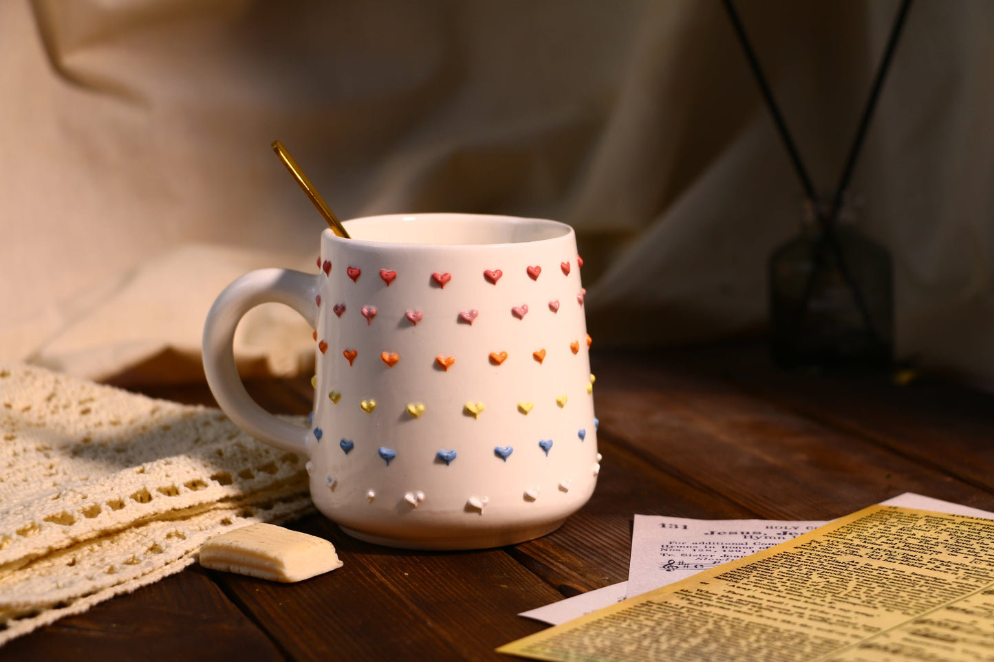 Rainbow Heart Ceramic Coffee Mug, Personalized Handmade Pottery Cup for Gifts