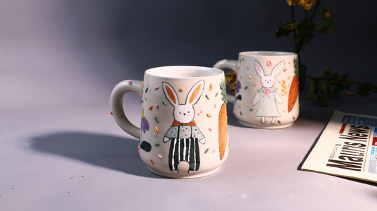 Whimsical Rabbit Ceramic Coffee Mug, Hand-painted Personalized Handmade Pottery Cup for Gift