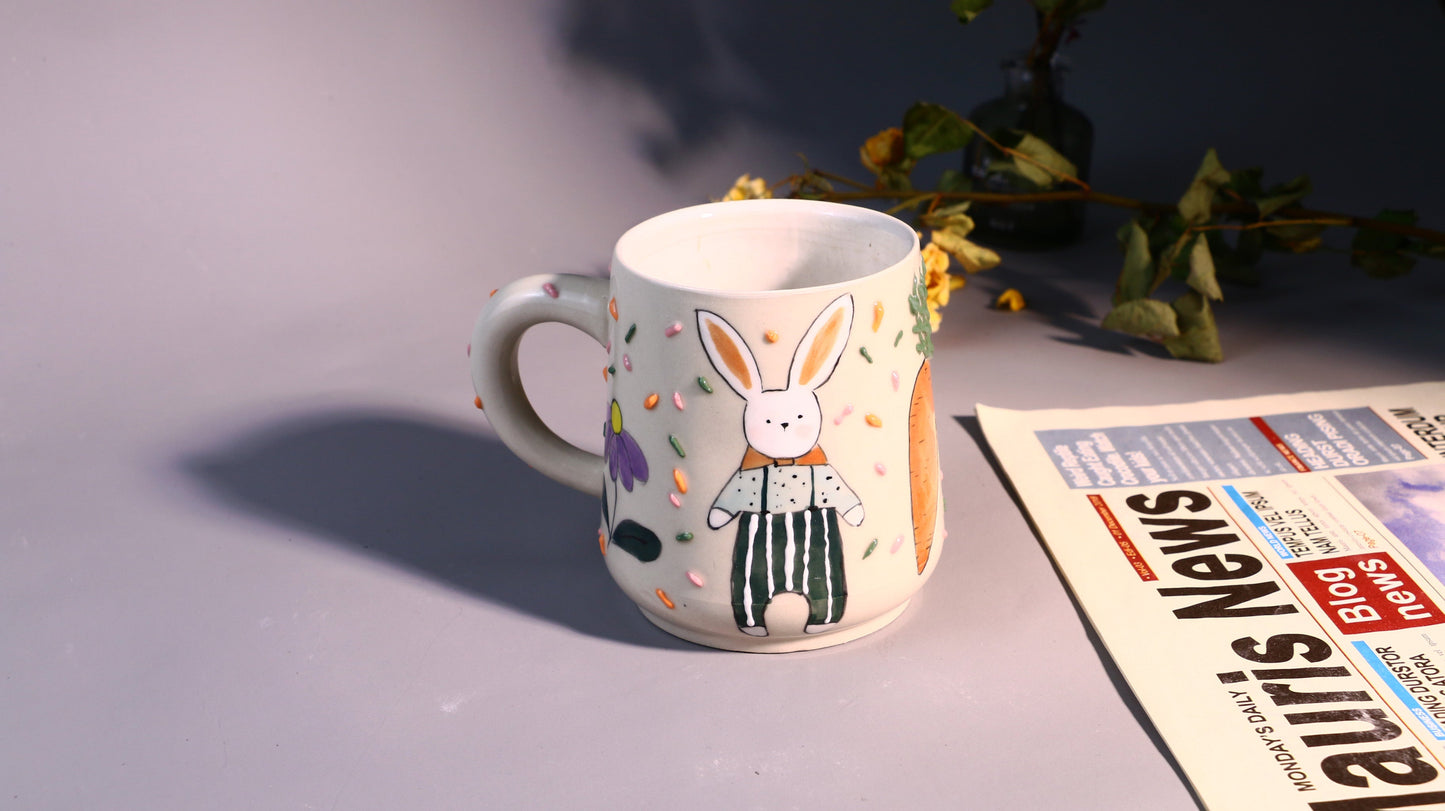 Whimsical Rabbit Ceramic Coffee Mug, Hand-painted Personalized Handmade Pottery Cup for Gift