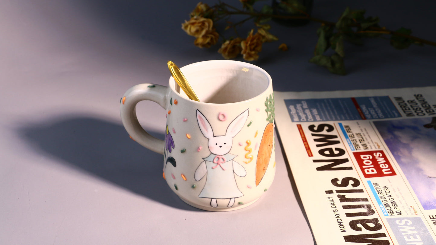 Whimsical Rabbit Ceramic Coffee Mug, Hand-painted Personalized Handmade Pottery Cup for Gift