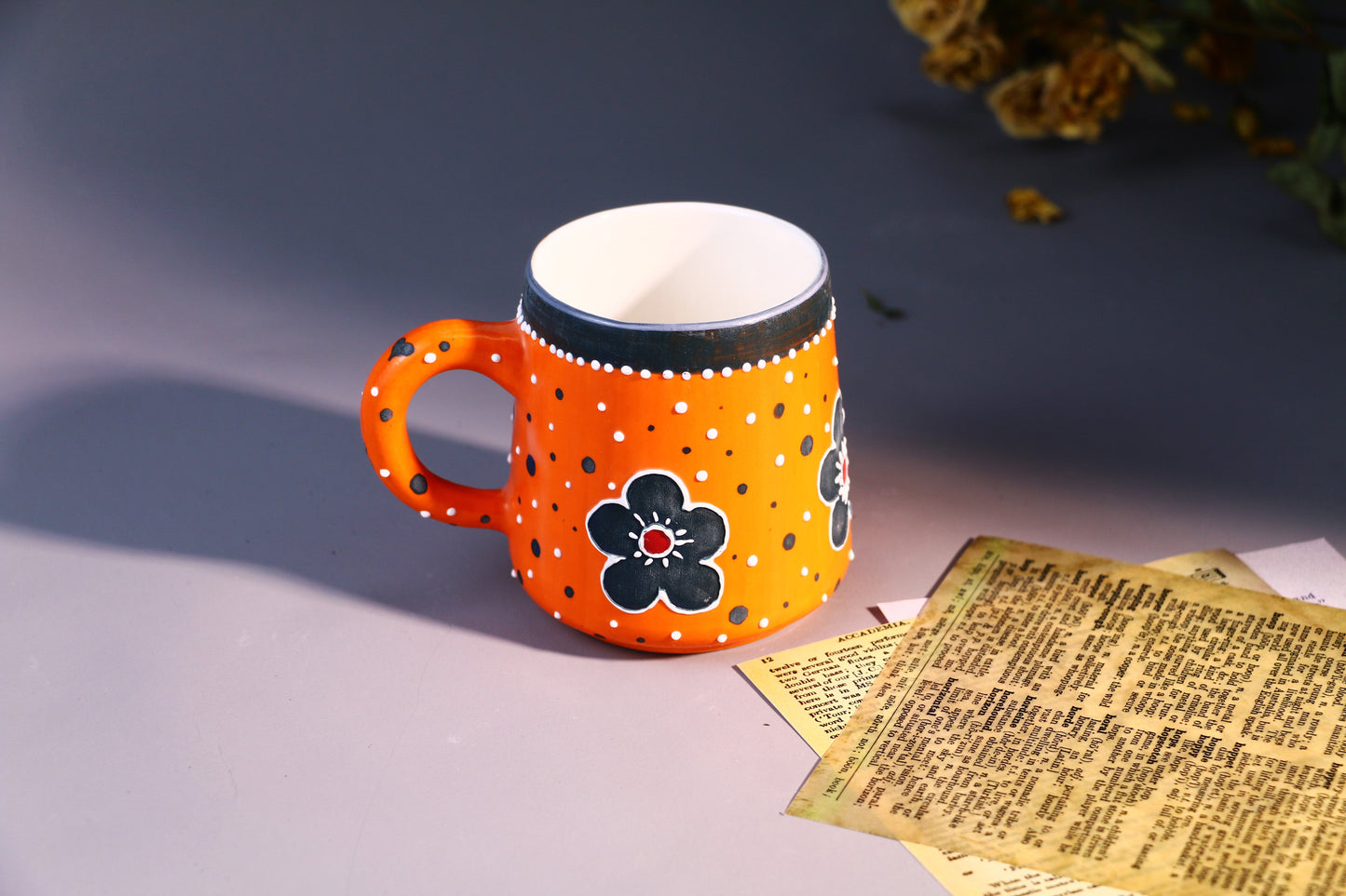 Orange Flower Ceramic Coffee Mug, Personalized Handmade Pottery Cup for Housewarming Gifts