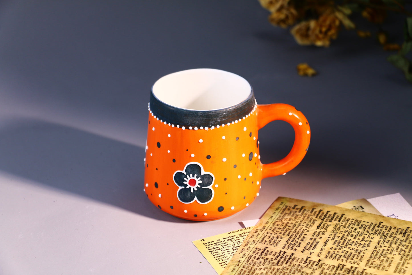 Orange Flower Ceramic Coffee Mug, Personalized Handmade Pottery Cup for Housewarming Gifts