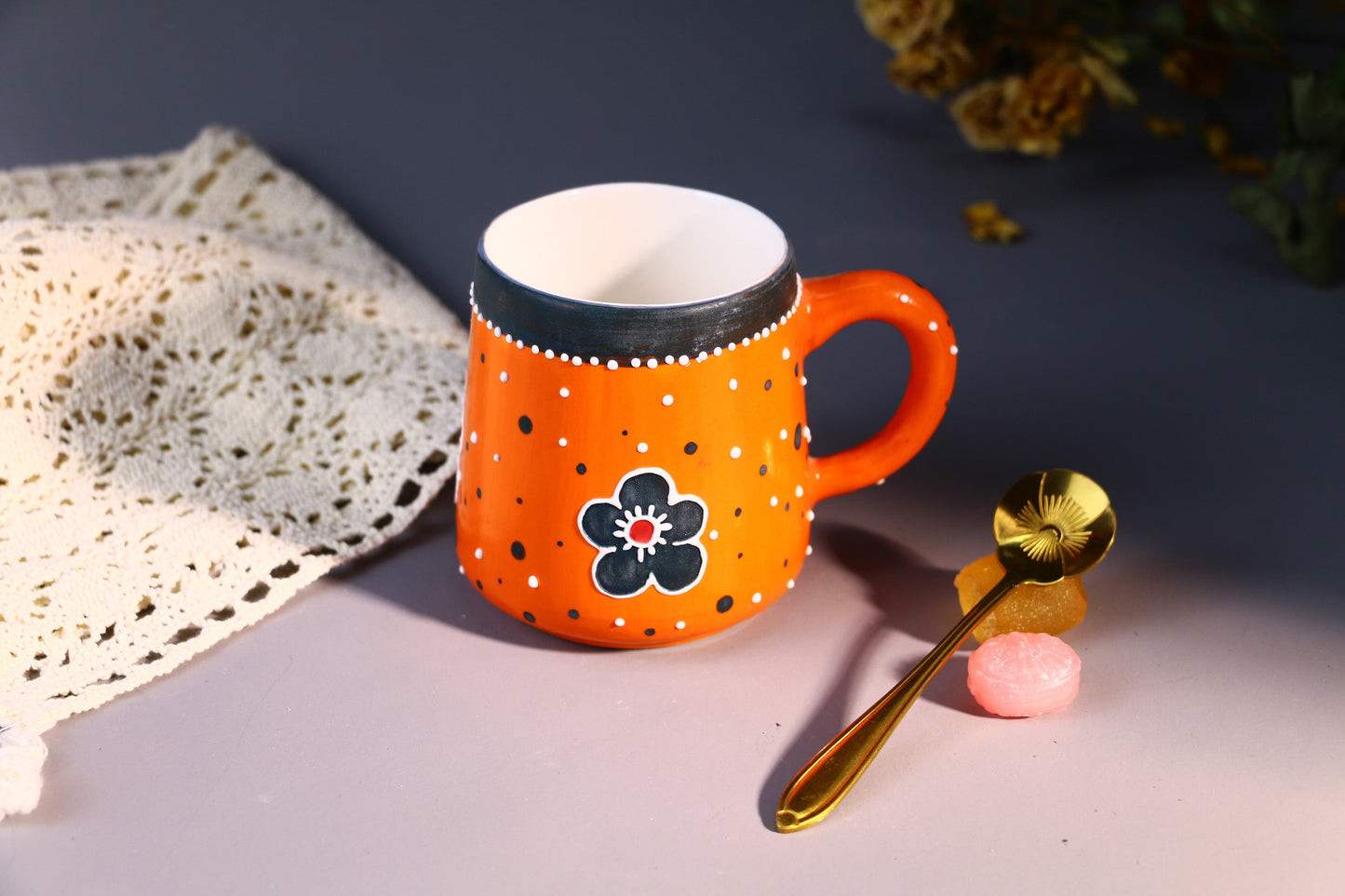 Orange Flower Ceramic Coffee Mug, Personalized Handmade Pottery Cup for Housewarming Gifts