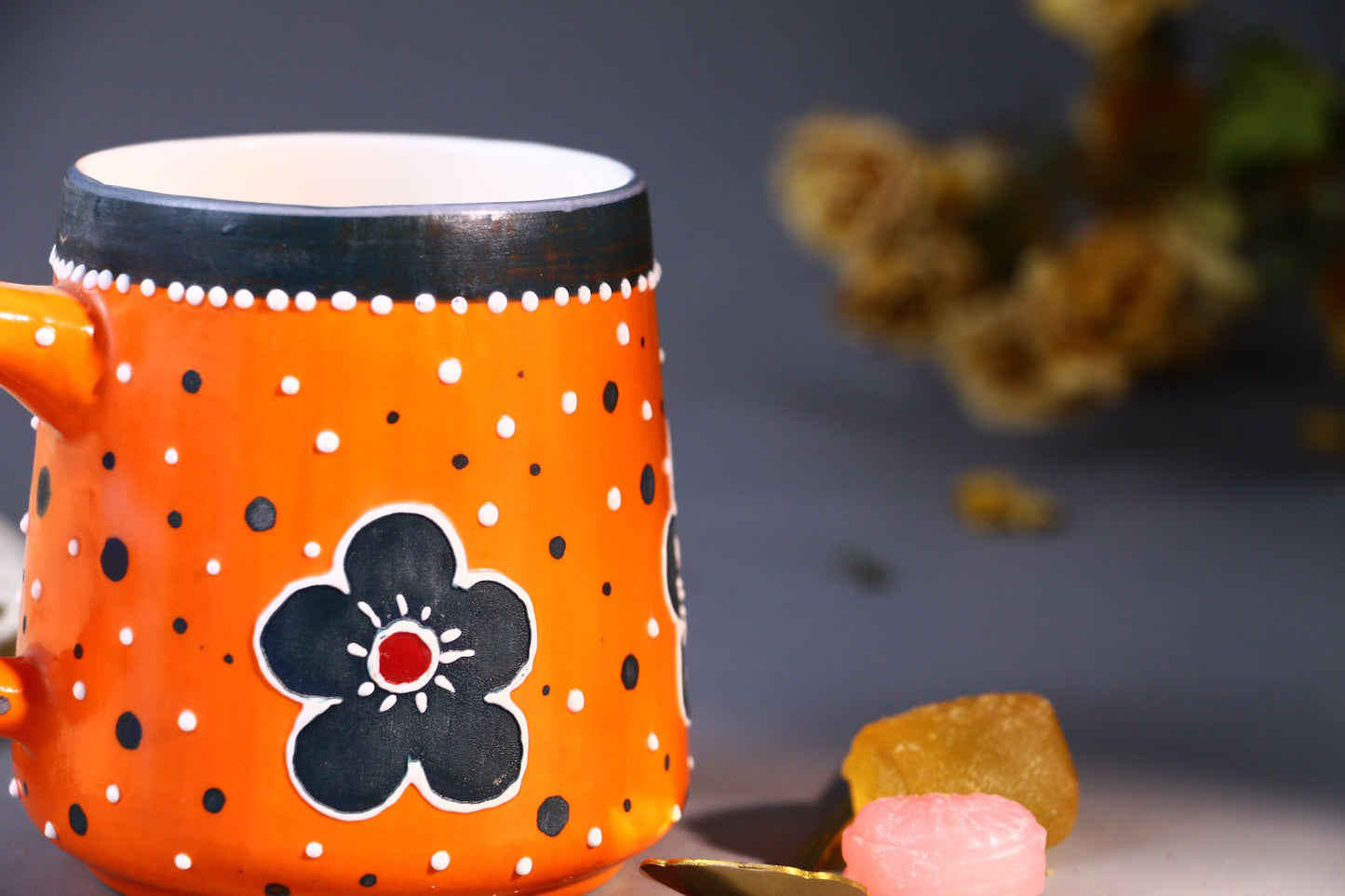 Orange Flower Ceramic Coffee Mug, Personalized Handmade Pottery Cup for Housewarming Gifts