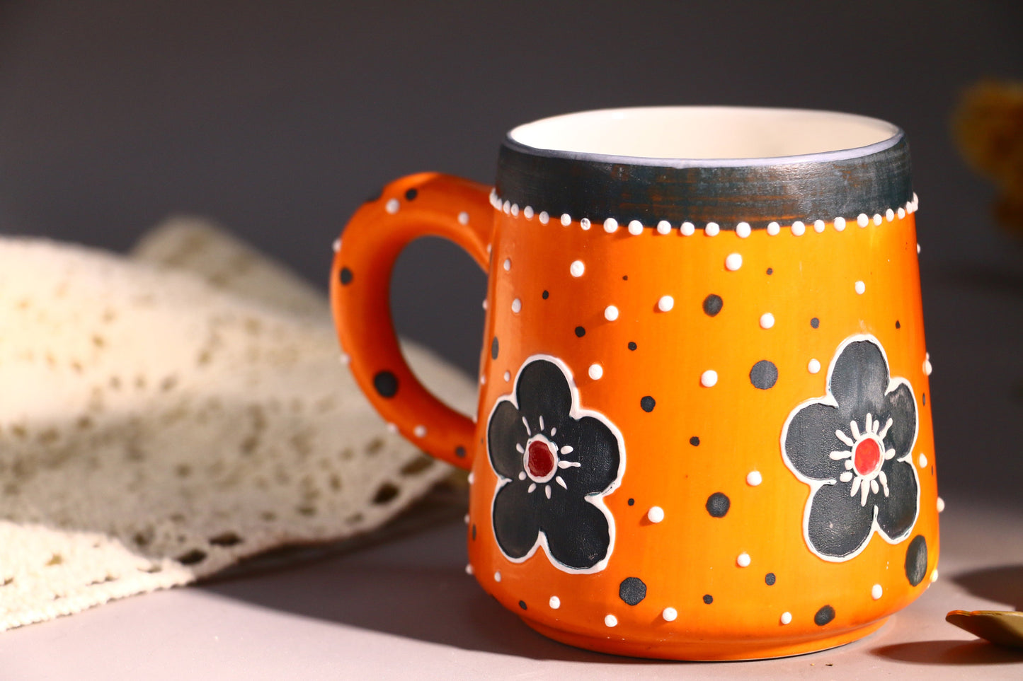 Orange Flower Ceramic Coffee Mug, Personalized Handmade Pottery Cup for Housewarming Gifts