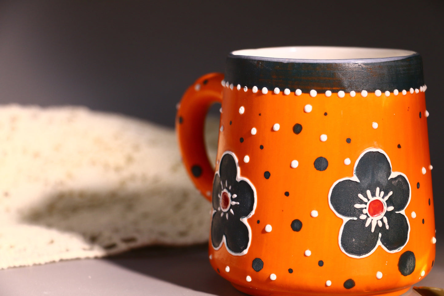 Orange Flower Ceramic Coffee Mug, Personalized Handmade Pottery Cup for Housewarming Gifts