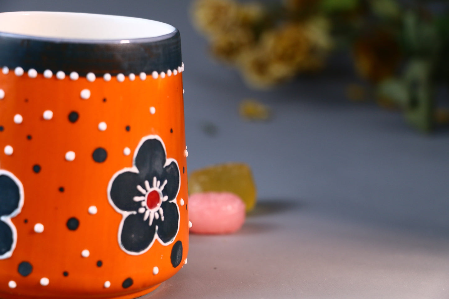 Orange Flower Ceramic Coffee Mug, Personalized Handmade Pottery Cup for Housewarming Gifts