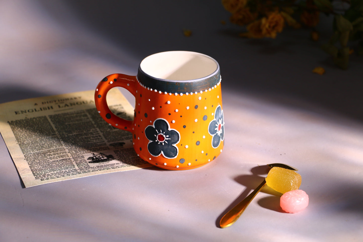 Orange Flower Ceramic Coffee Mug, Personalized Handmade Pottery Cup for Housewarming Gifts