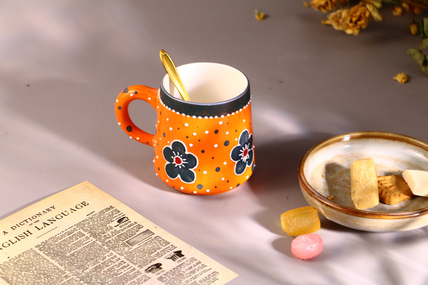 Orange Flower Ceramic Coffee Mug, Personalized Handmade Pottery Cup for Housewarming Gifts