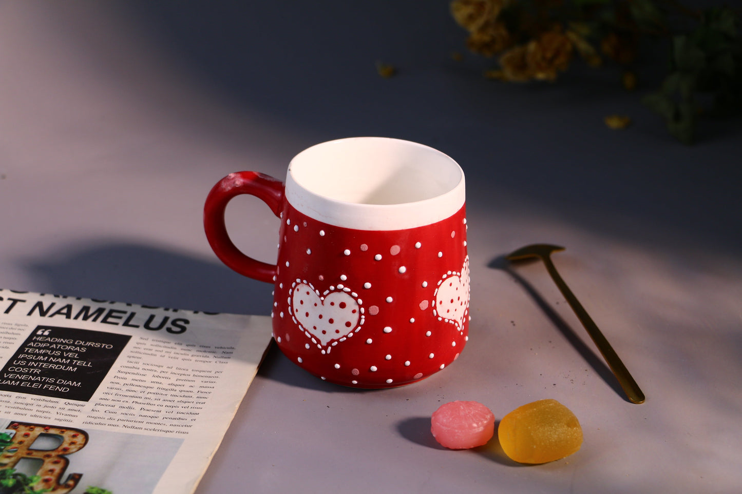 Red Heart Ceramic Coffee Mug, Personalized Handmade Pottery Cup for Housewarming Gifts