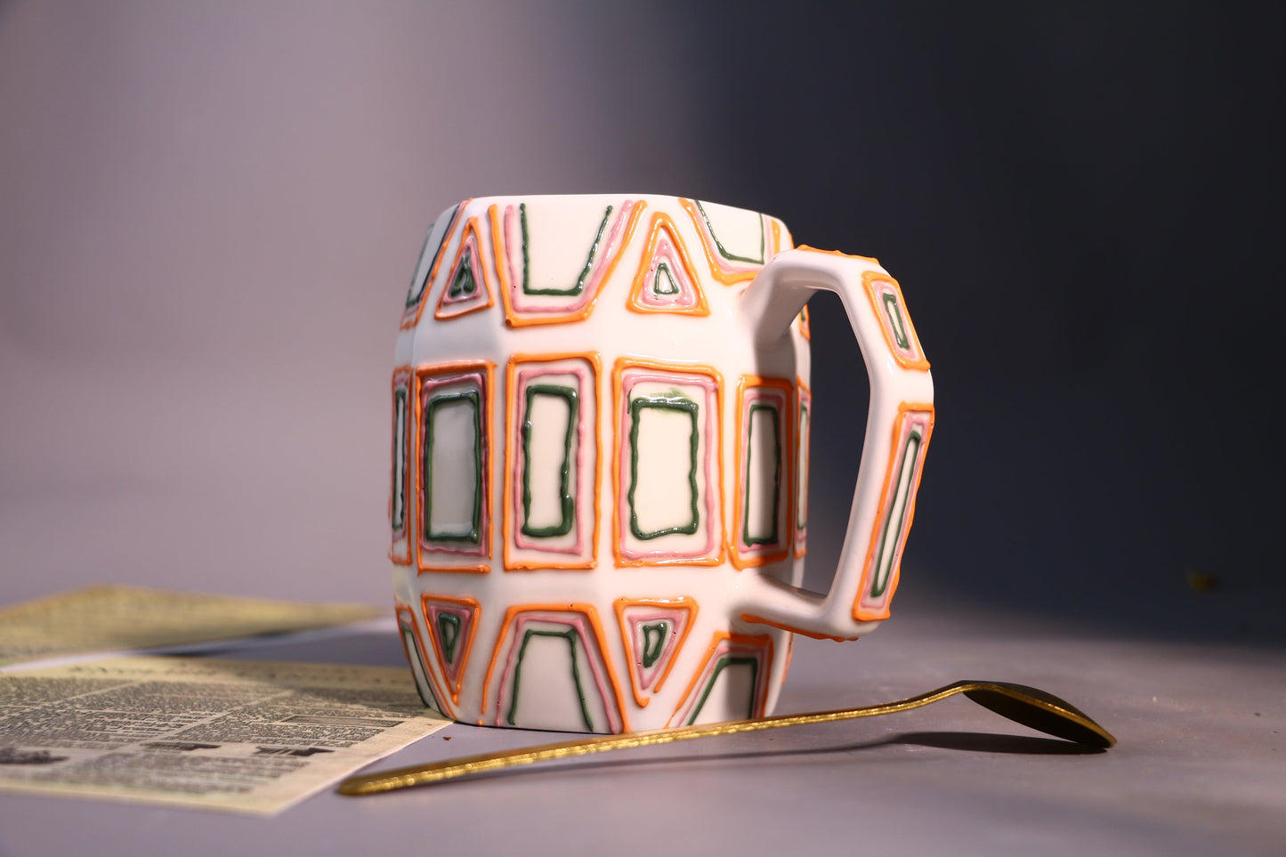 Geometric Figure Ceramic Coffee Mug, Hand-painted Lines Personalized Handmade Pottery Mug for Gifts