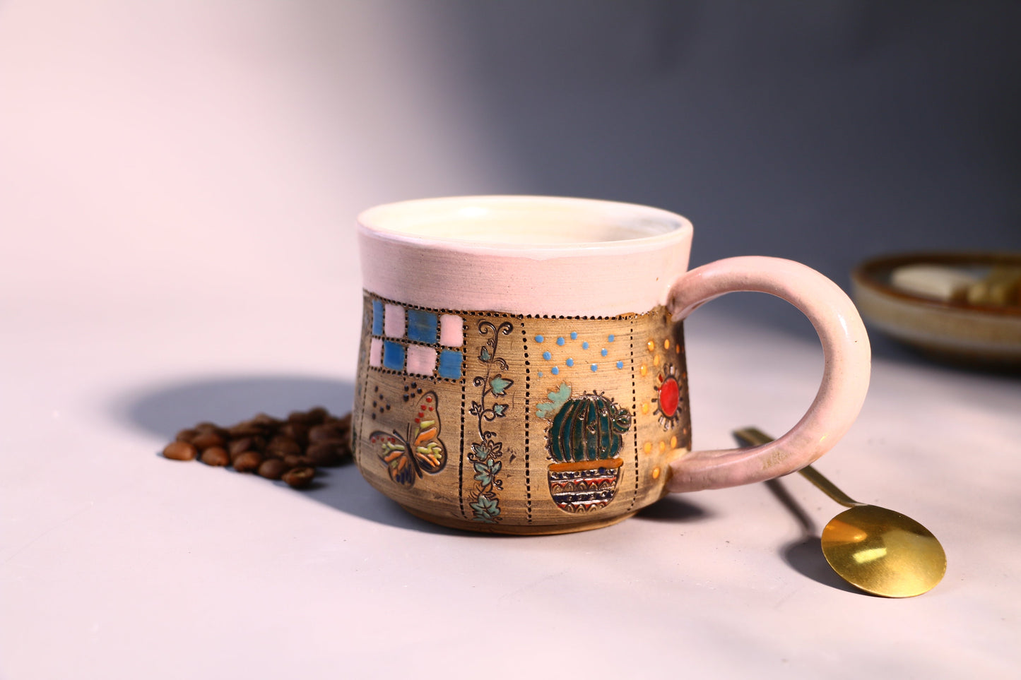 Natural Hand-painted Ceramic Coffee Mug, Floral Personalized Handmade Pottery Cup for Gifts