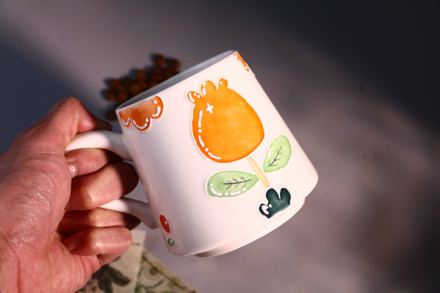Orange Floral Ceramic Coffee Mug, Personalized Handmade Pottery Cup for Gifts