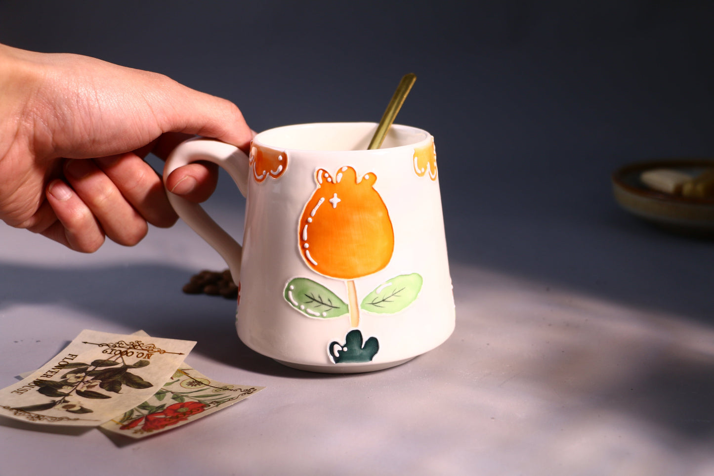 Orange Floral Ceramic Coffee Mug, Personalized Handmade Pottery Cup for Gifts