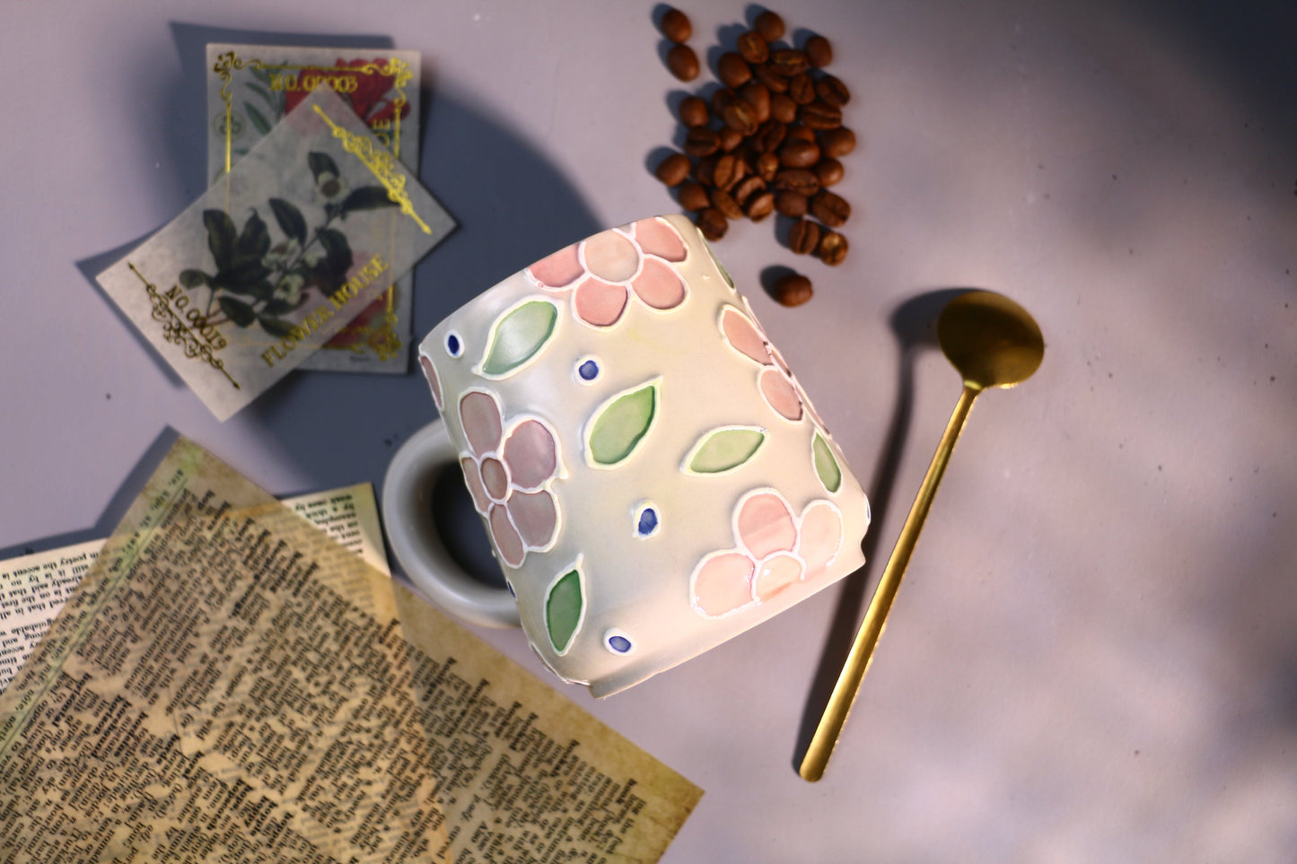 Floral Ceramic Coffee Mug, Personalized Handmade Ceramic Cup for Gifts