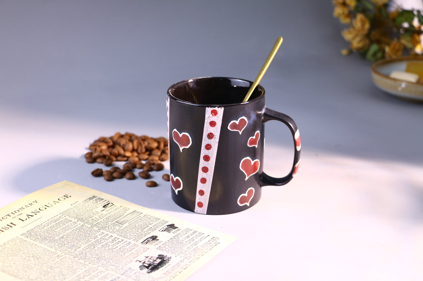Handmade Heart Ceramic Mug, Personalized Handcrafted Black Pottery Cup for Gifts