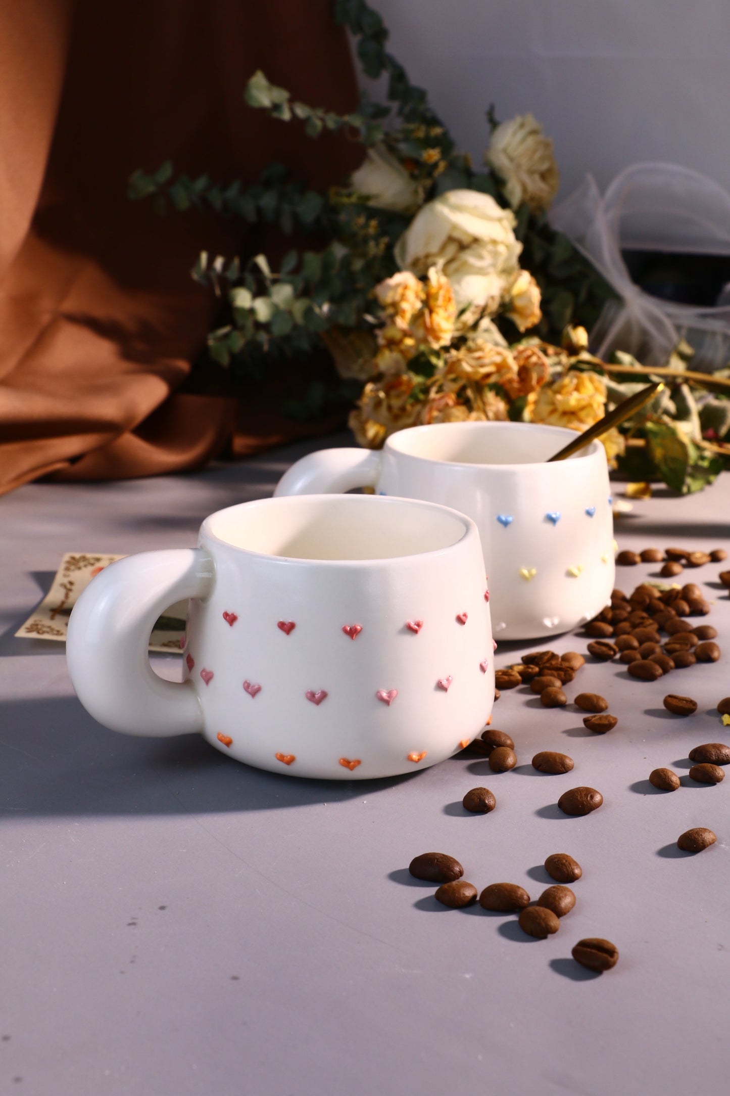 Colorful Heart Ceramic Coffee Mug, Rainbow Personalized Handmade Pottery Cup for Gifts