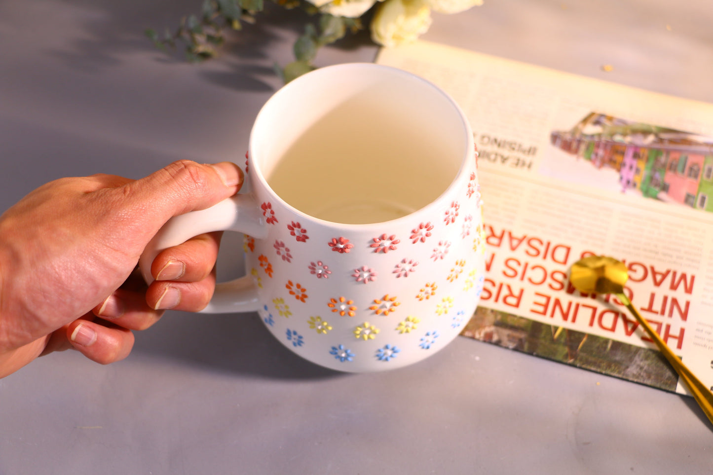 Rainbow Flower Ceramic Coffee Mug, Personalized Handmade Pottery Cup for Gifts