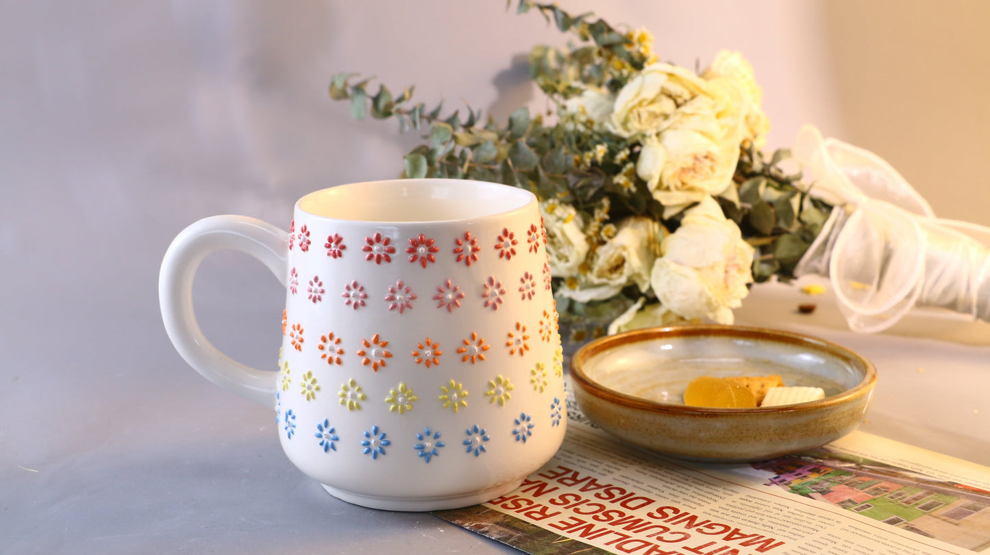 Rainbow Flower Ceramic Coffee Mug, Personalized Handmade Pottery Cup for Gifts