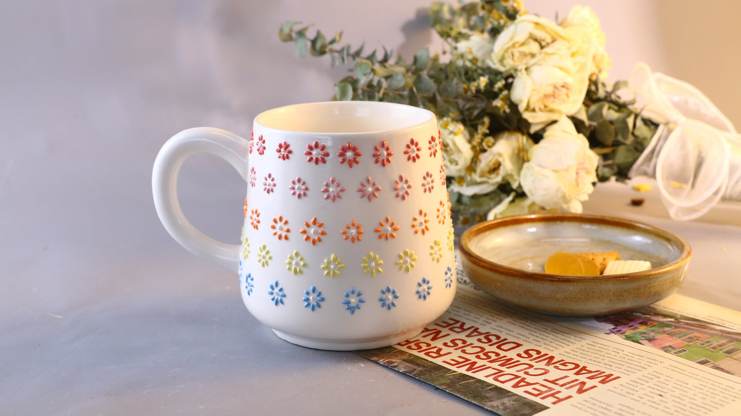 Rainbow Flower Ceramic Coffee Mug, Personalized Handmade Pottery Cup for Gifts