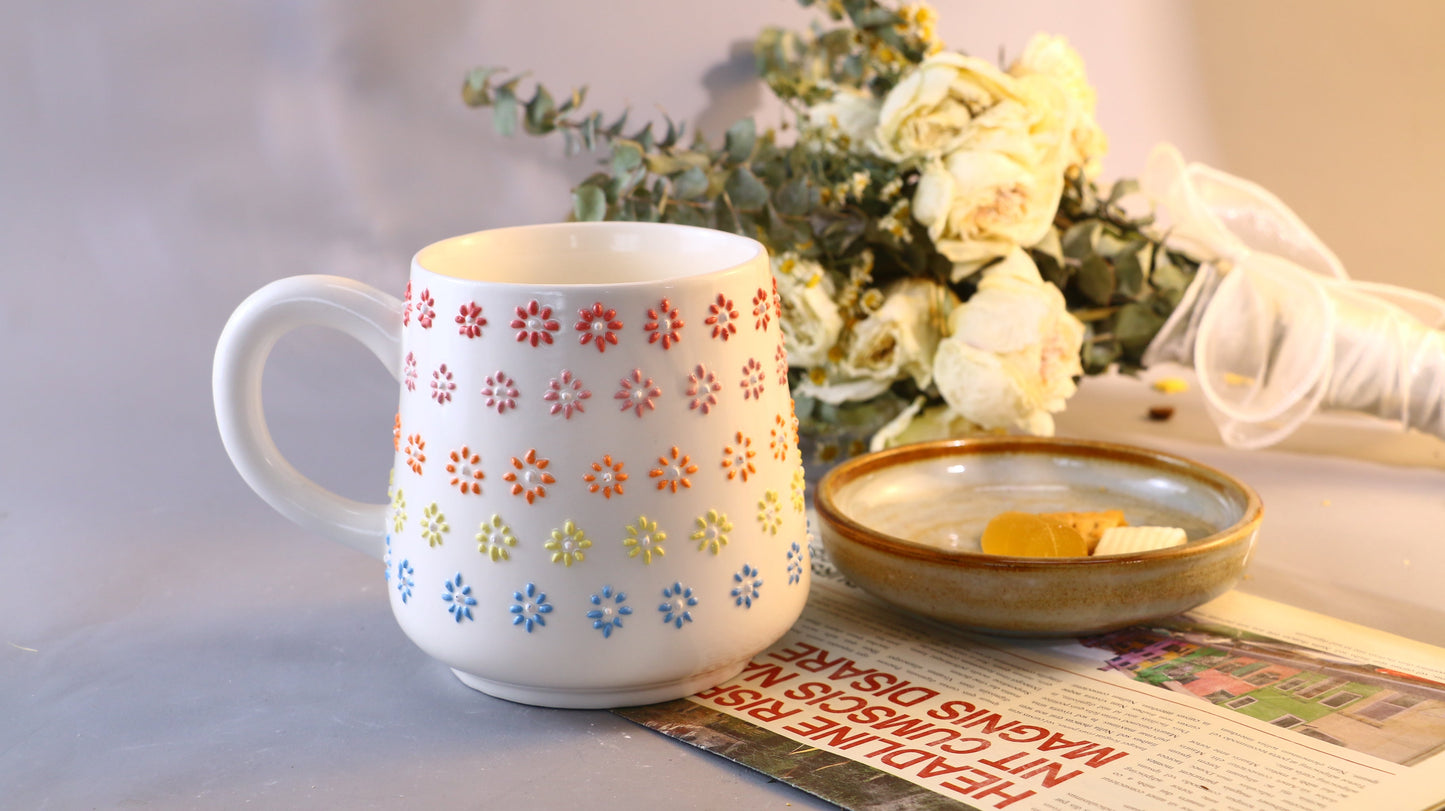 Rainbow Flower Ceramic Coffee Mug, Personalized Handmade Pottery Cup for Gifts