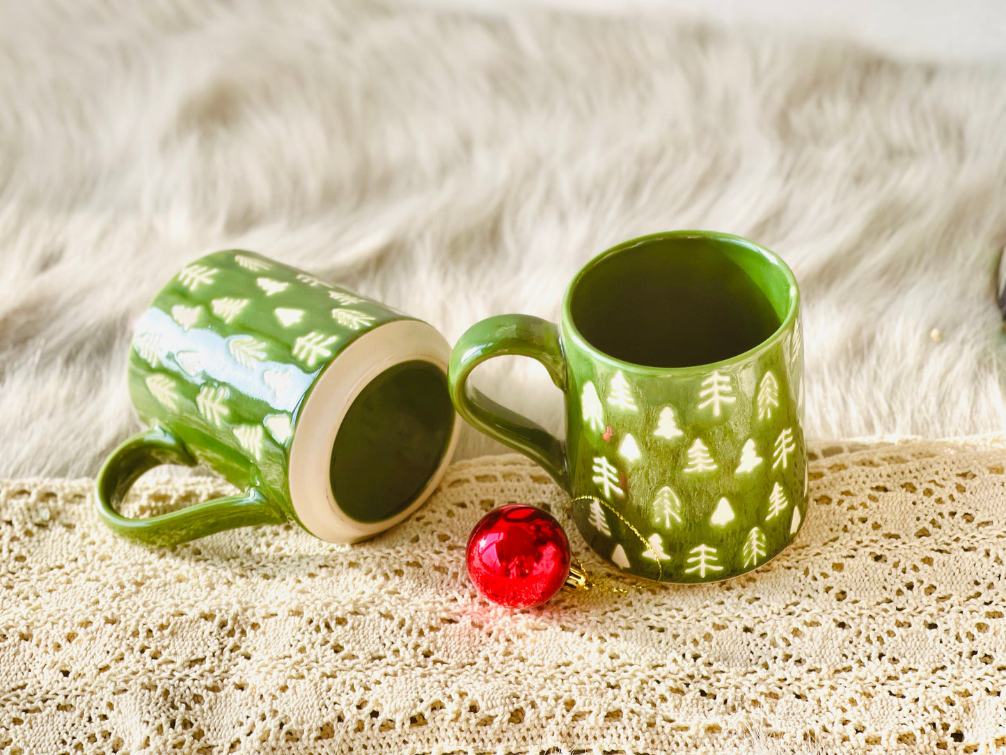 Handmade Ceramic Christmas Green Coffee Mug, Personalized Pottery Tree Mug for Festive Gifts