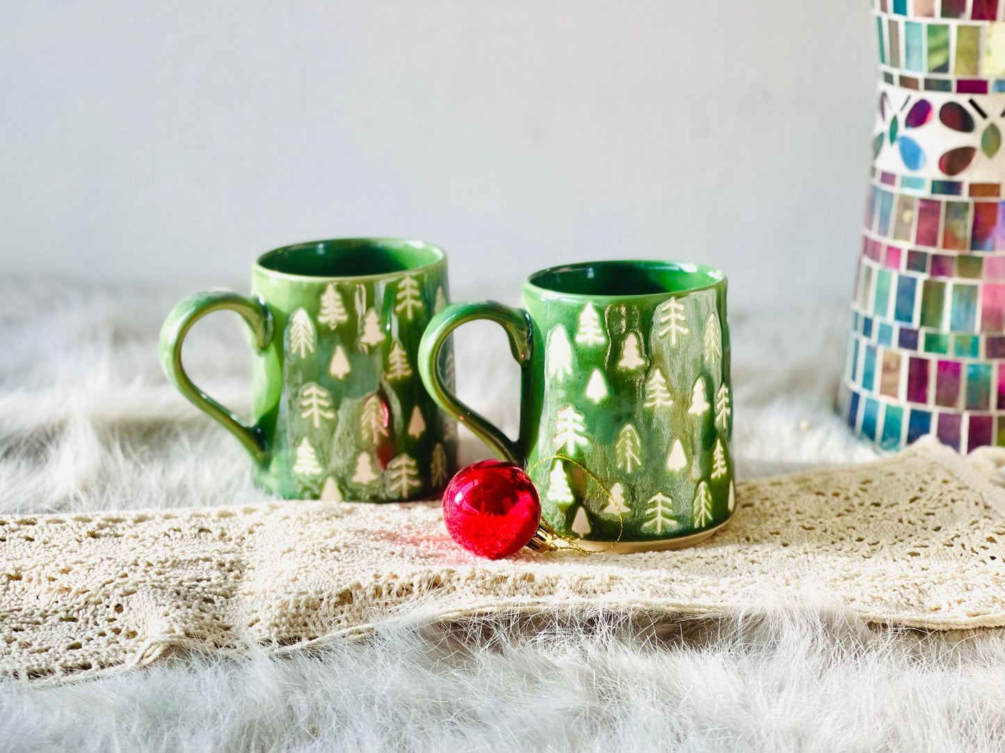 Handmade Ceramic Christmas Green Coffee Mug, Personalized Pottery Tree Mug for Festive Gifts