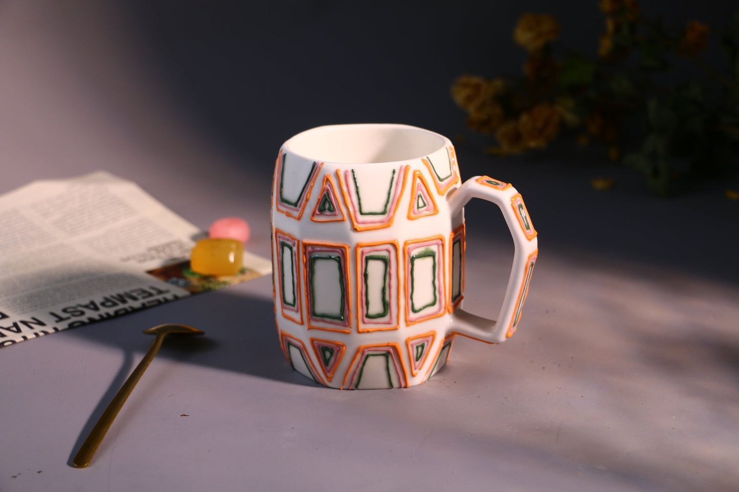 Geometric Figure Ceramic Coffee Mug, Hand-painted Lines Personalized Handmade Pottery Mug for Gifts