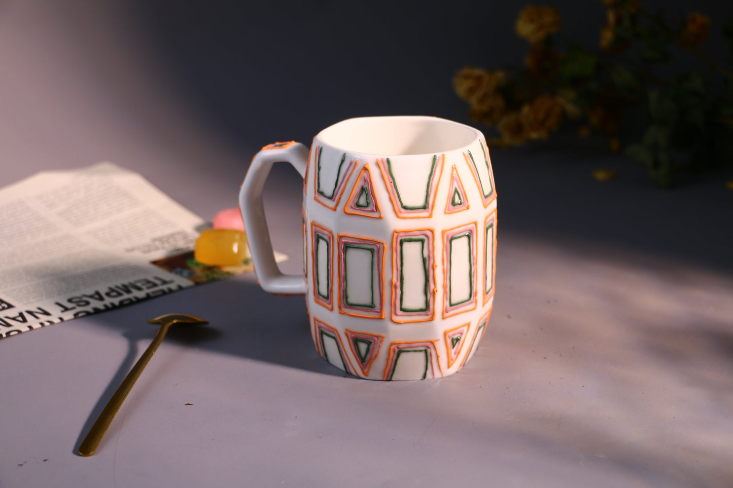 Geometric Figure Ceramic Coffee Mug, Hand-painted Lines Personalized Handmade Pottery Mug for Gifts