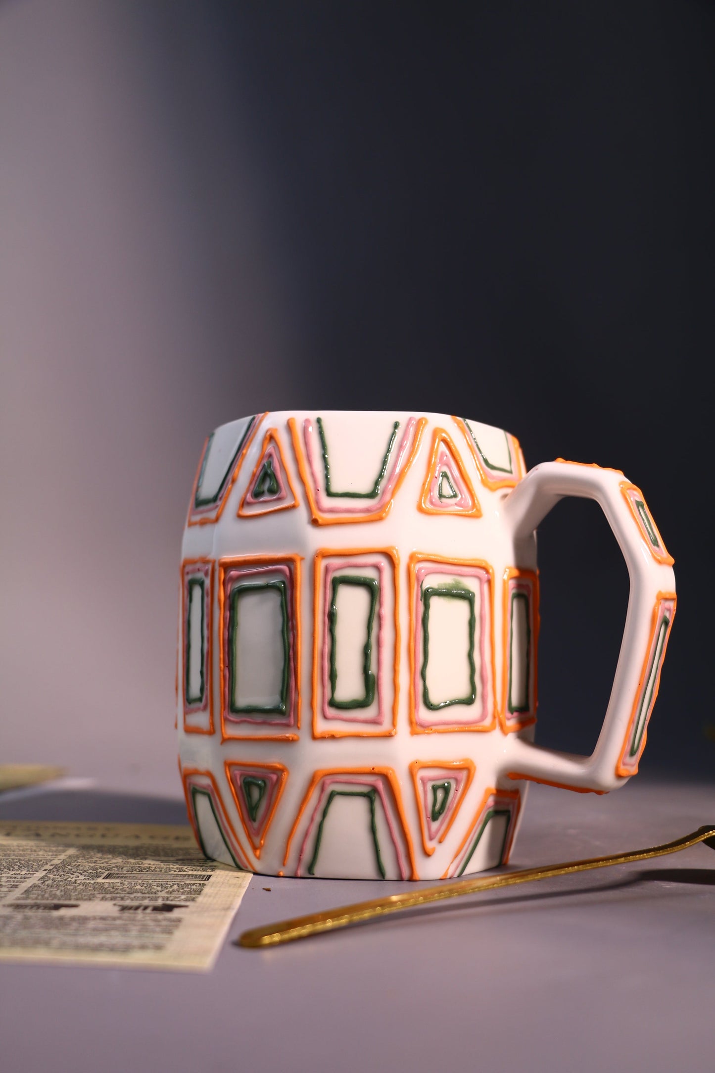 Geometric Figure Ceramic Coffee Mug, Hand-painted Lines Personalized Handmade Pottery Mug for Gifts