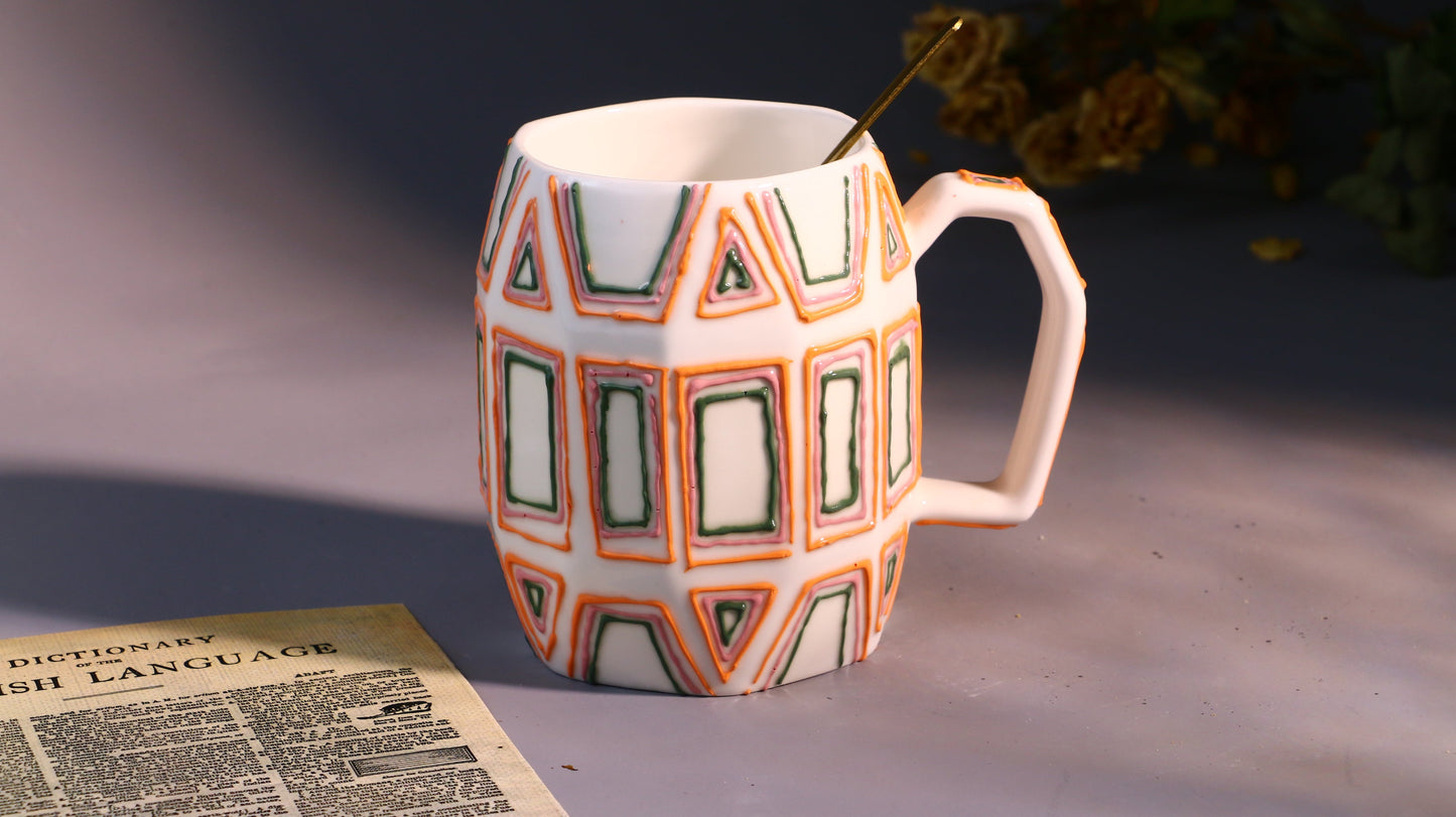 Geometric Figure Ceramic Coffee Mug, Hand-painted Lines Personalized Handmade Pottery Mug for Gifts