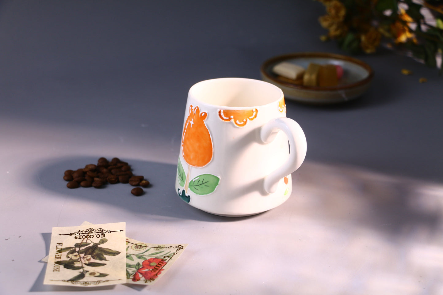 Orange Floral Ceramic Coffee Mug, Personalized Handmade Pottery Cup for Gifts