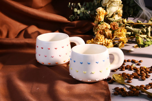 Colorful Heart Ceramic Coffee Mug, Rainbow Personalized Handmade Pottery Cup for Gifts