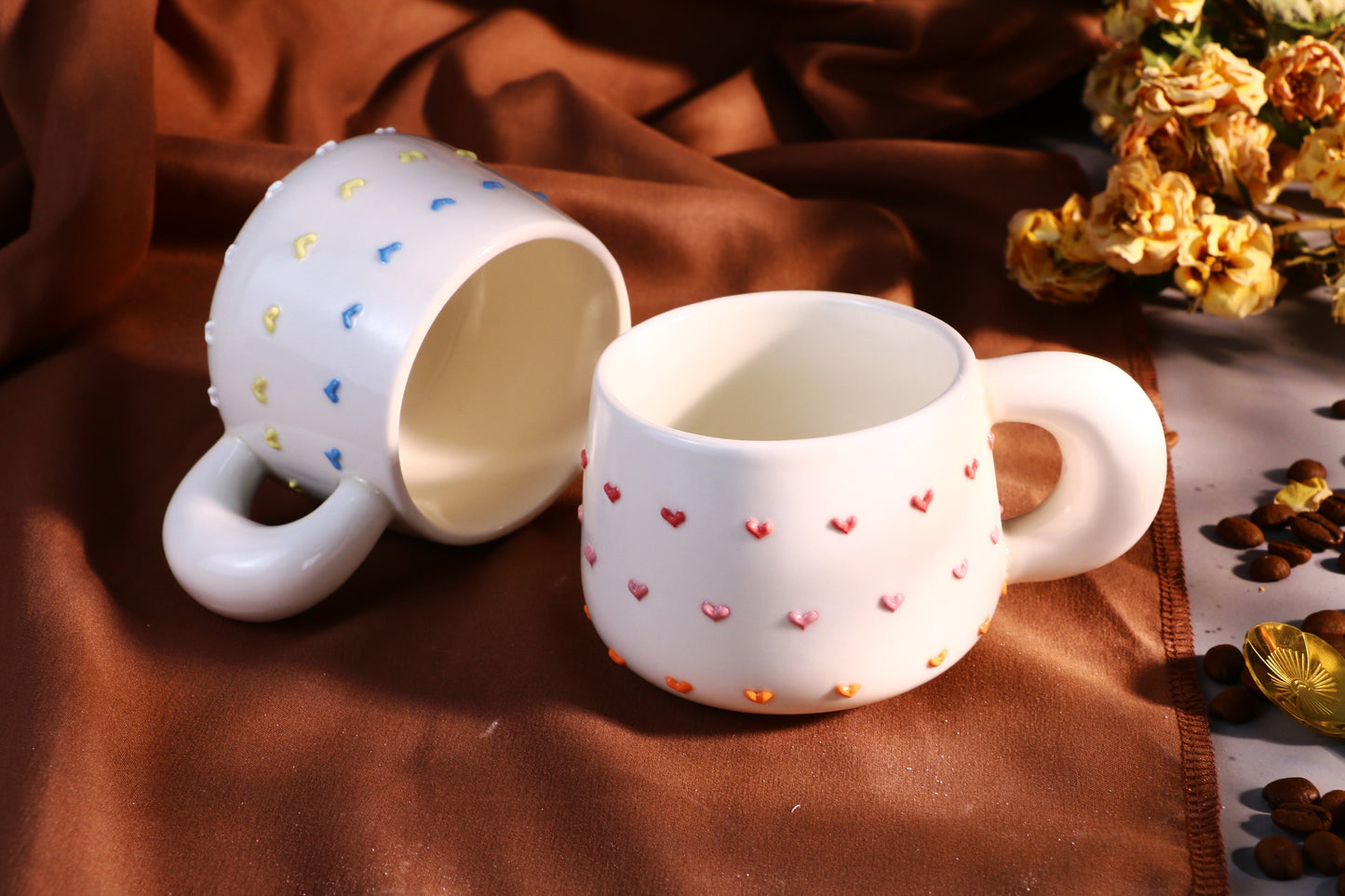 Colorful Heart Ceramic Coffee Mug, Rainbow Personalized Handmade Pottery Cup for Gifts