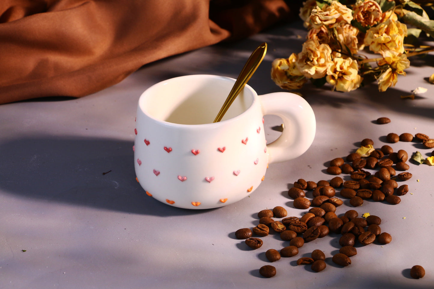 Colorful Heart Ceramic Coffee Mug, Rainbow Personalized Handmade Pottery Cup for Gifts
