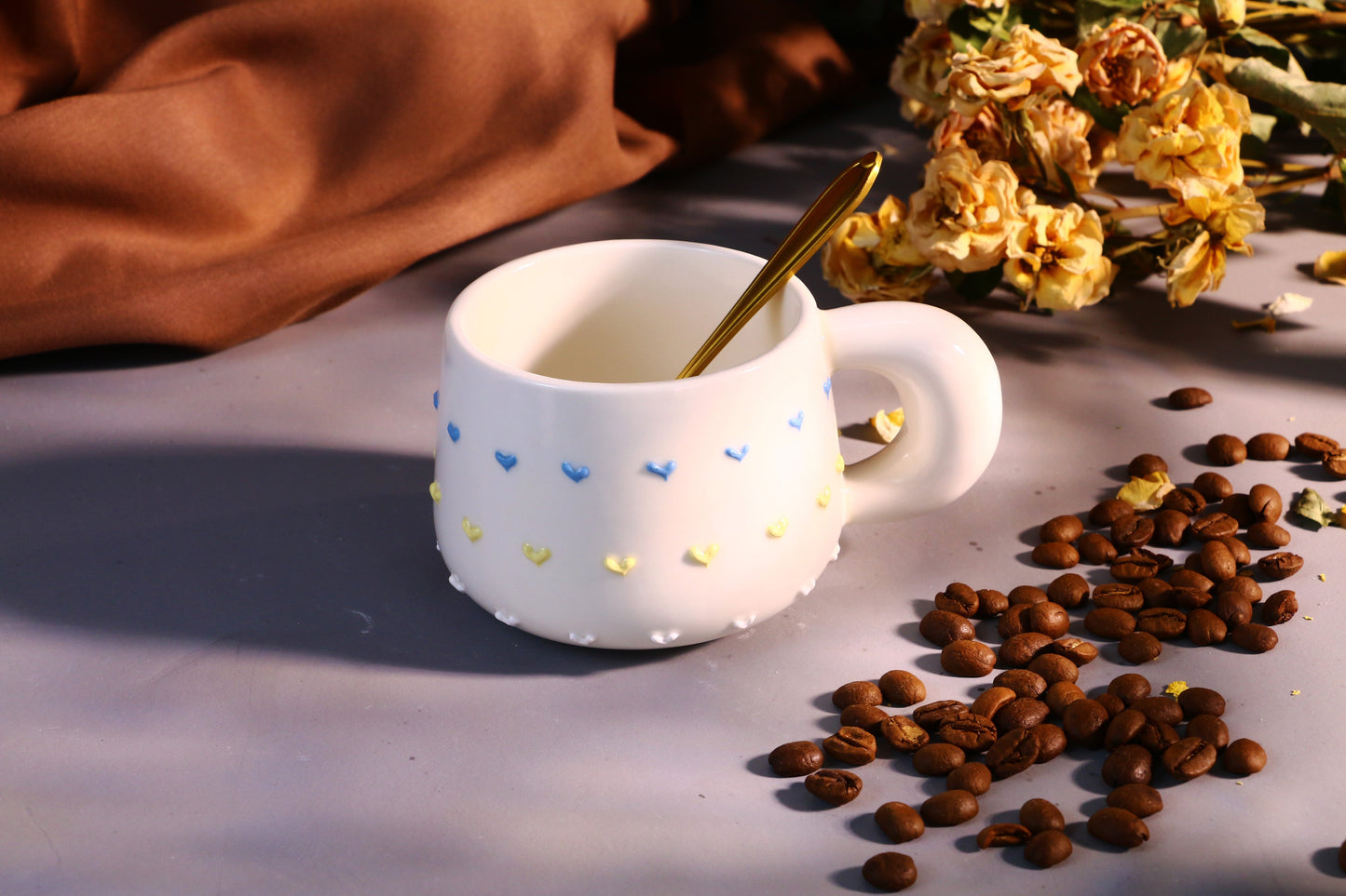 Colorful Heart Ceramic Coffee Mug, Rainbow Personalized Handmade Pottery Cup for Gifts