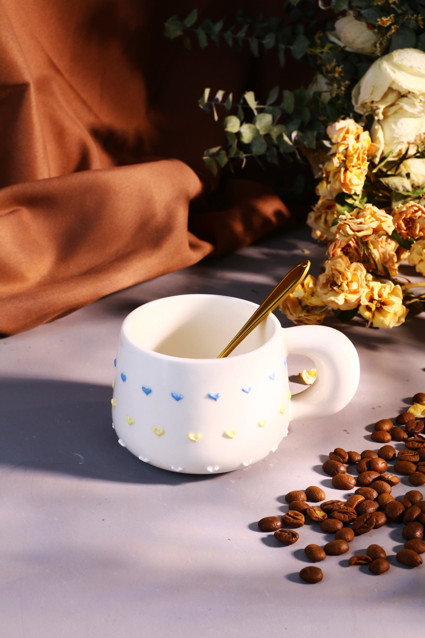 Colorful Heart Ceramic Coffee Mug, Rainbow Personalized Handmade Pottery Cup for Gifts