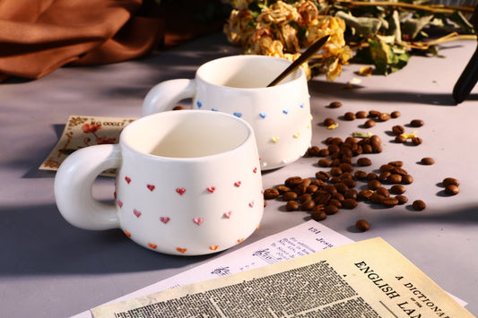 Colorful Heart Ceramic Coffee Mug, Rainbow Personalized Handmade Pottery Cup for Gifts