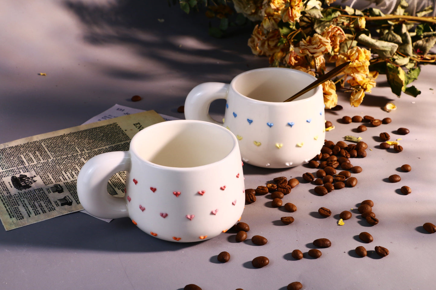 Colorful Heart Ceramic Coffee Mug, Rainbow Personalized Handmade Pottery Cup for Gifts
