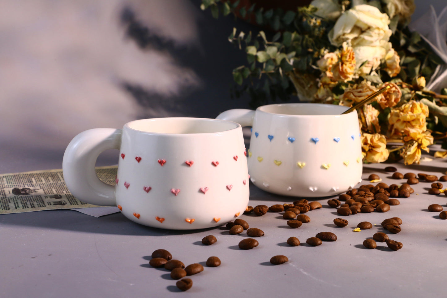 Colorful Heart Ceramic Coffee Mug, Rainbow Personalized Handmade Pottery Cup for Gifts