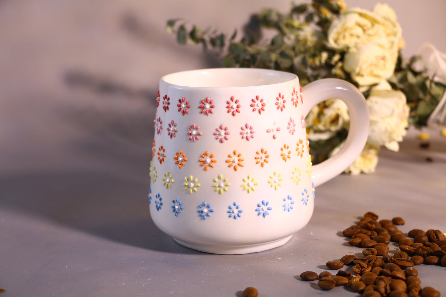 Rainbow Flower Ceramic Coffee Mug, Personalized Handmade Pottery Cup for Gifts