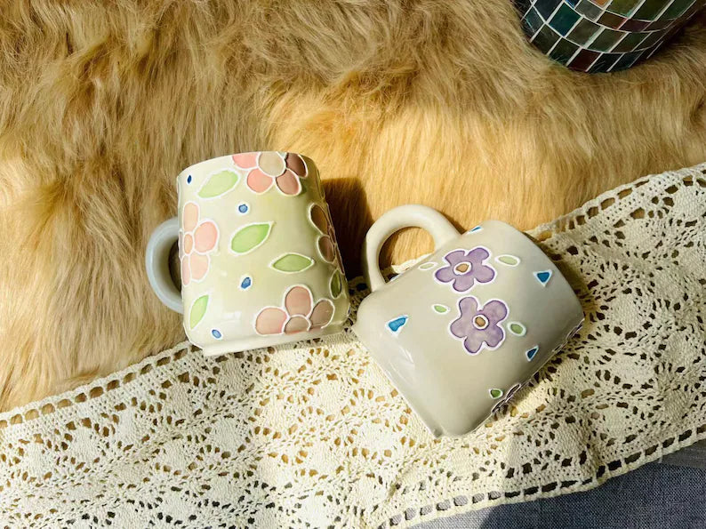 Floral Ceramic Coffee Mug, Personalized Handmade Ceramic Cup for Gifts