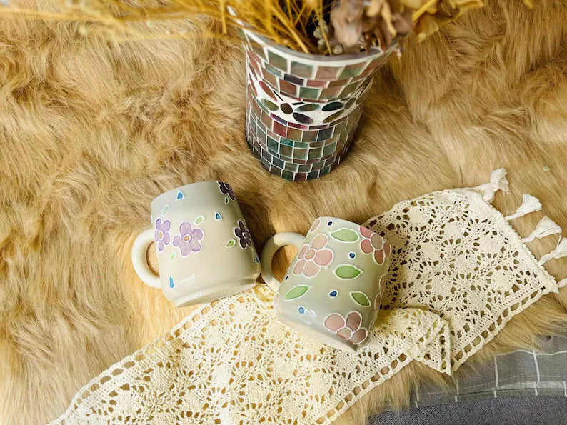 Floral Ceramic Coffee Mug, Personalized Handmade Ceramic Cup for Gifts