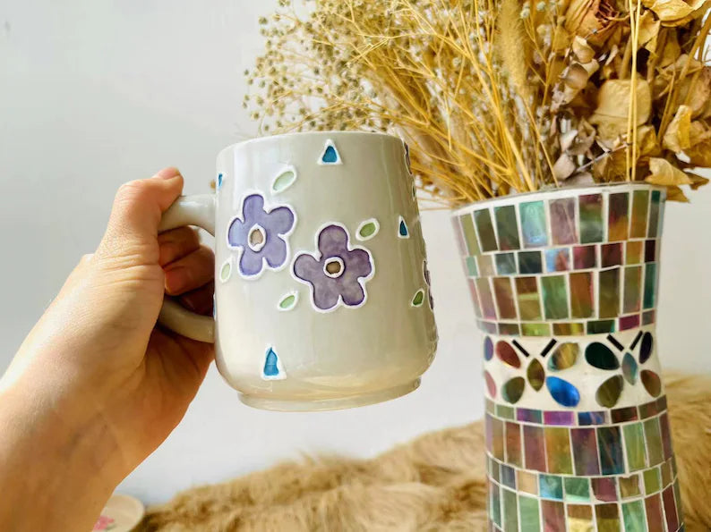 Floral Ceramic Coffee Mug, Personalized Handmade Ceramic Cup for Gifts